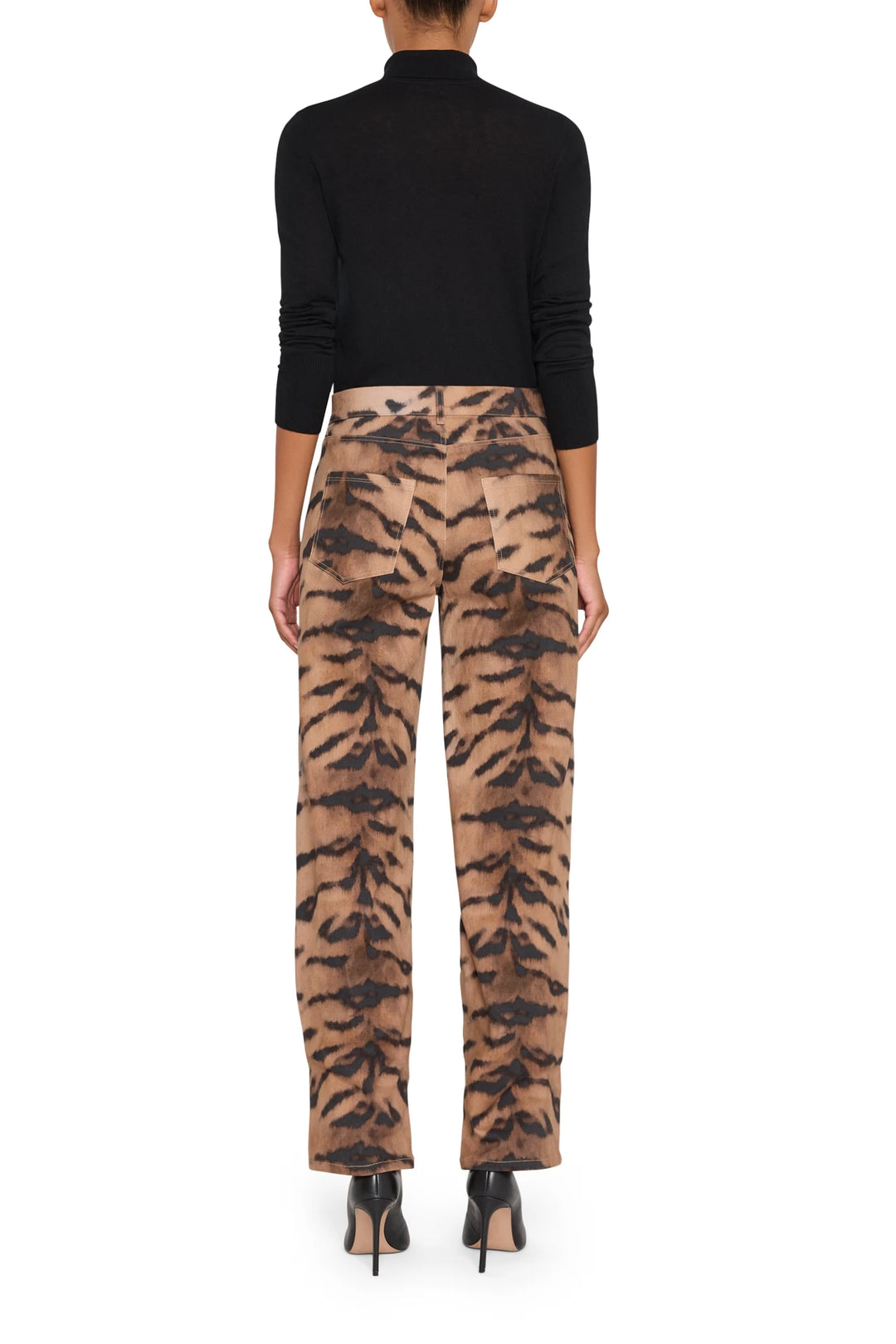 Wide-leg Kaeli Pant with tiger motif, tailored waistband and fluid drape; back view on model.