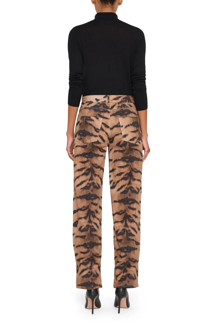 Wide-leg Kaeli Pant with tiger motif, tailored waistband and fluid drape; back view on model.