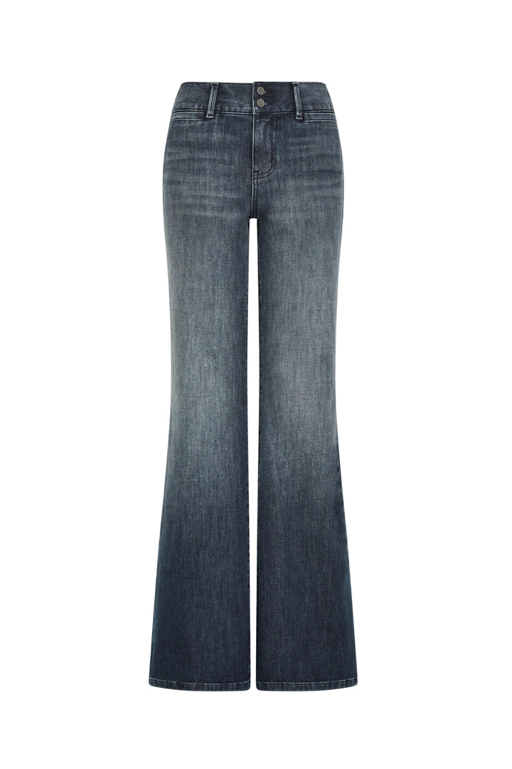 High-waist, wide-leg jean with front button-zip fly and structured seaming. Front view on white.