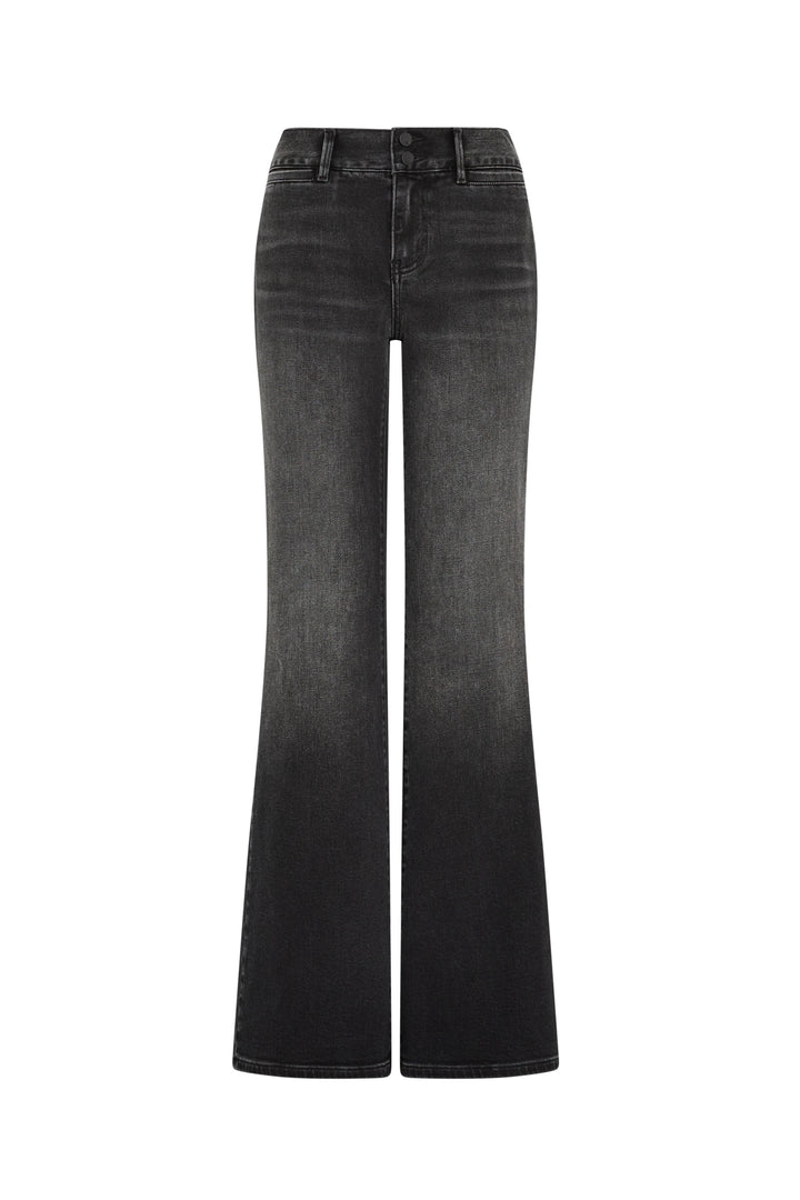 High-waisted wide-leg denim trousers with front button, pockets, and faded wash. Front view on white.