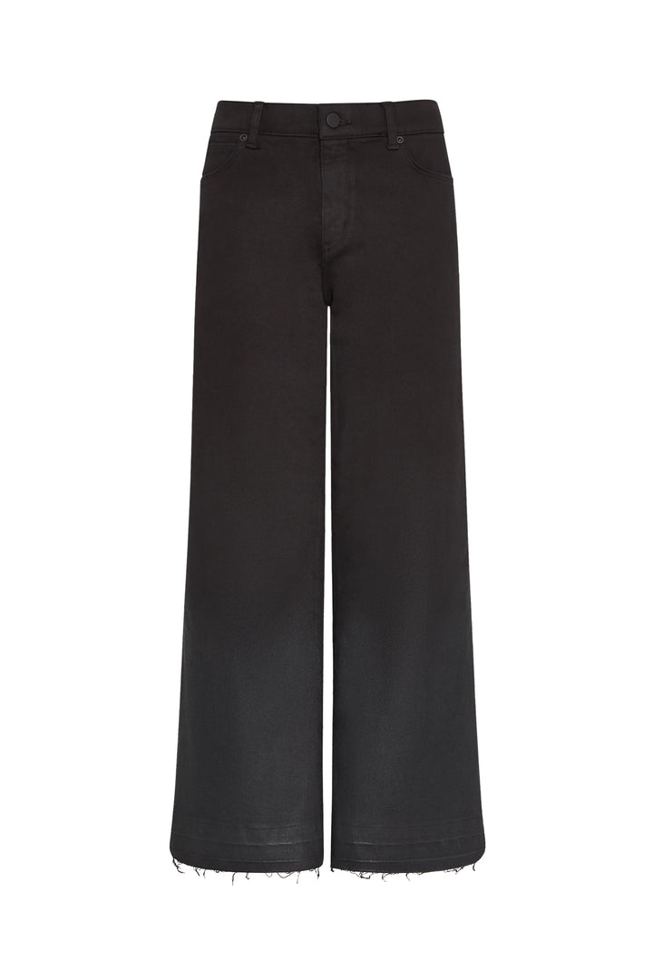 Wide-leg cropped coated jean with frayed hems, front pockets, belt loops, and button closure. Front view on white.
