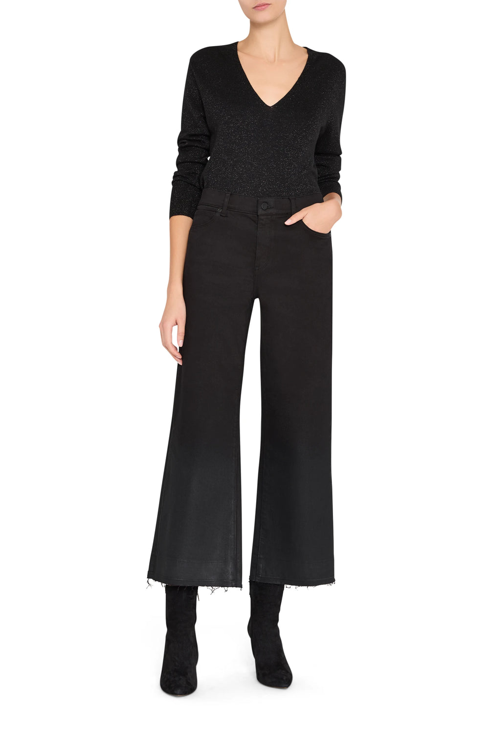 Cropped coated jean with straight silhouette and classic five-pocket construction, front view on model.