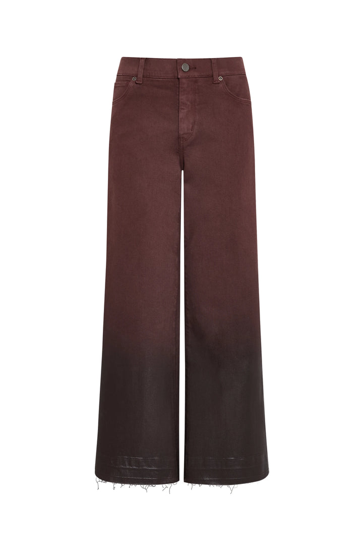 Wide-leg coated jean with mid-rise, ombre finish, and frayed hems in silhouette; front view on white.