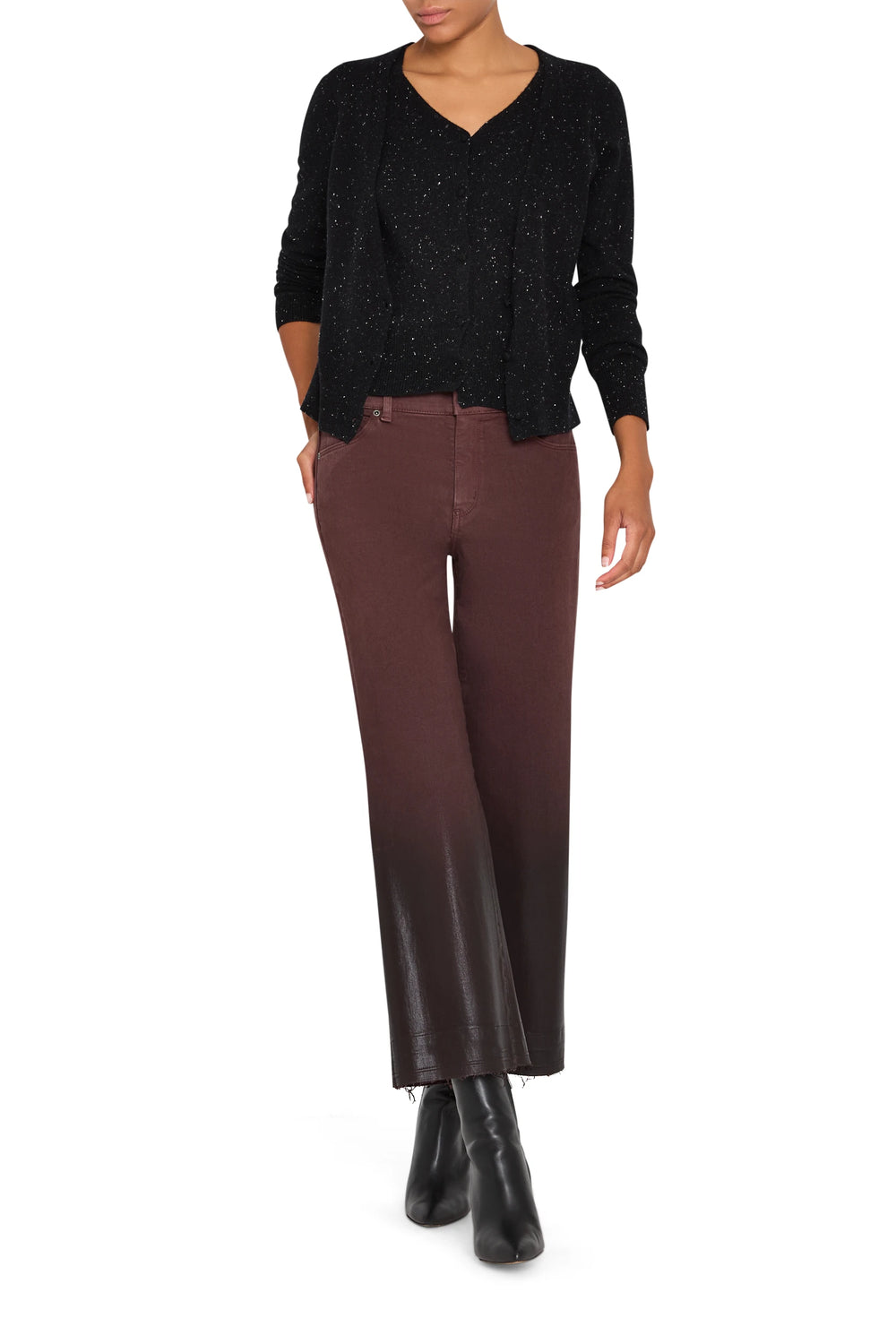 Cropped coated jean with straight silhouette and structured fit, five-pocket styling; front view on white.