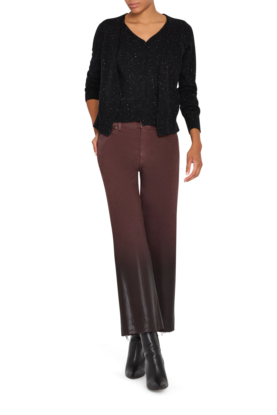 Cropped coated jean with straight silhouette and structured fit, five-pocket styling; front view on white.