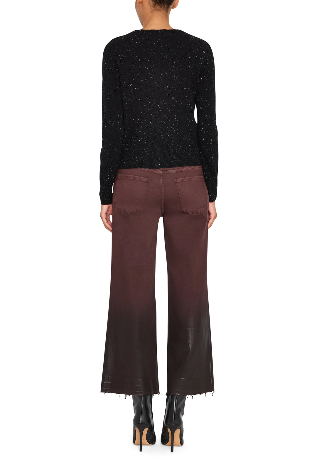 Cropped coated jean with straight-leg silhouette and classic five-pocket construction, back view on model.