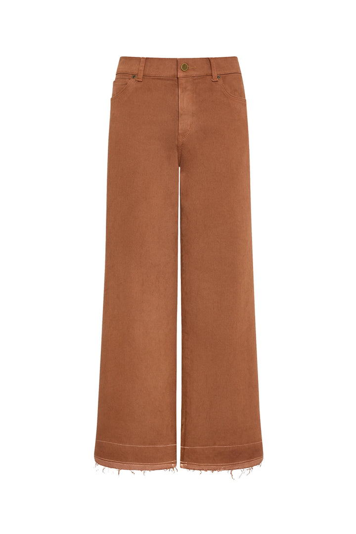 Wide-leg, mid-rise jean in coated fabric with raw hem, front button, and pockets; front view on white.