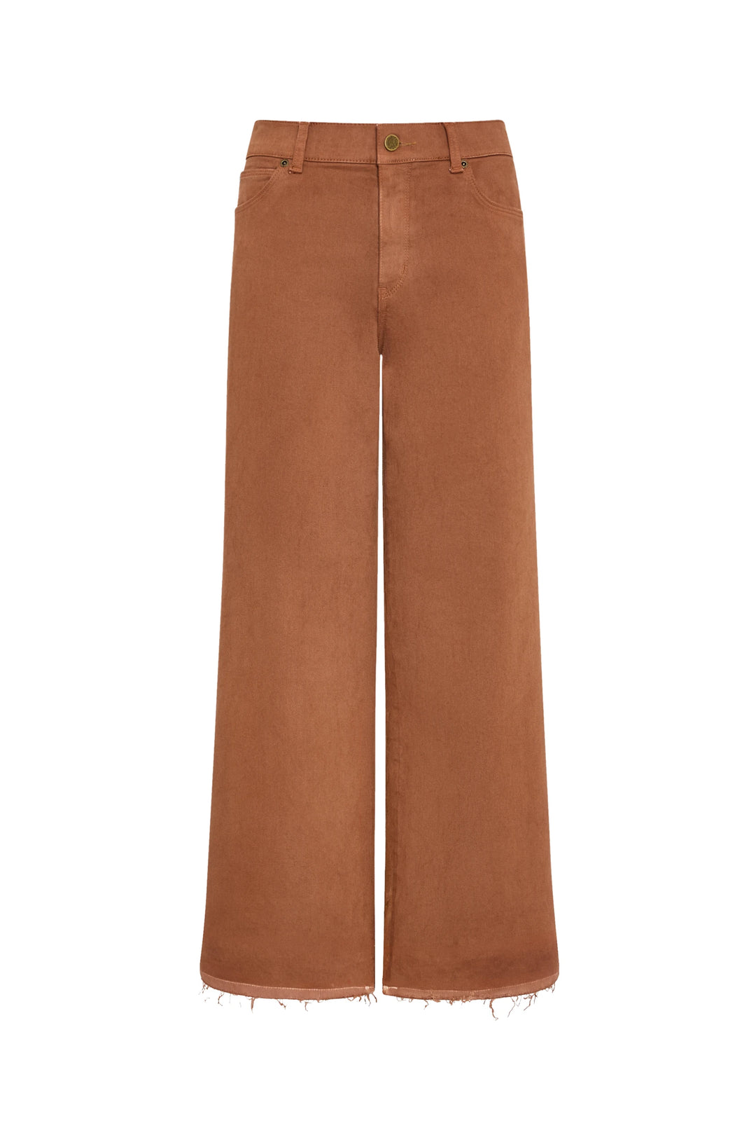 High-waisted, wide-leg brown stretch cotton jean with frayed hems, belt loops, and pockets; front view on white.