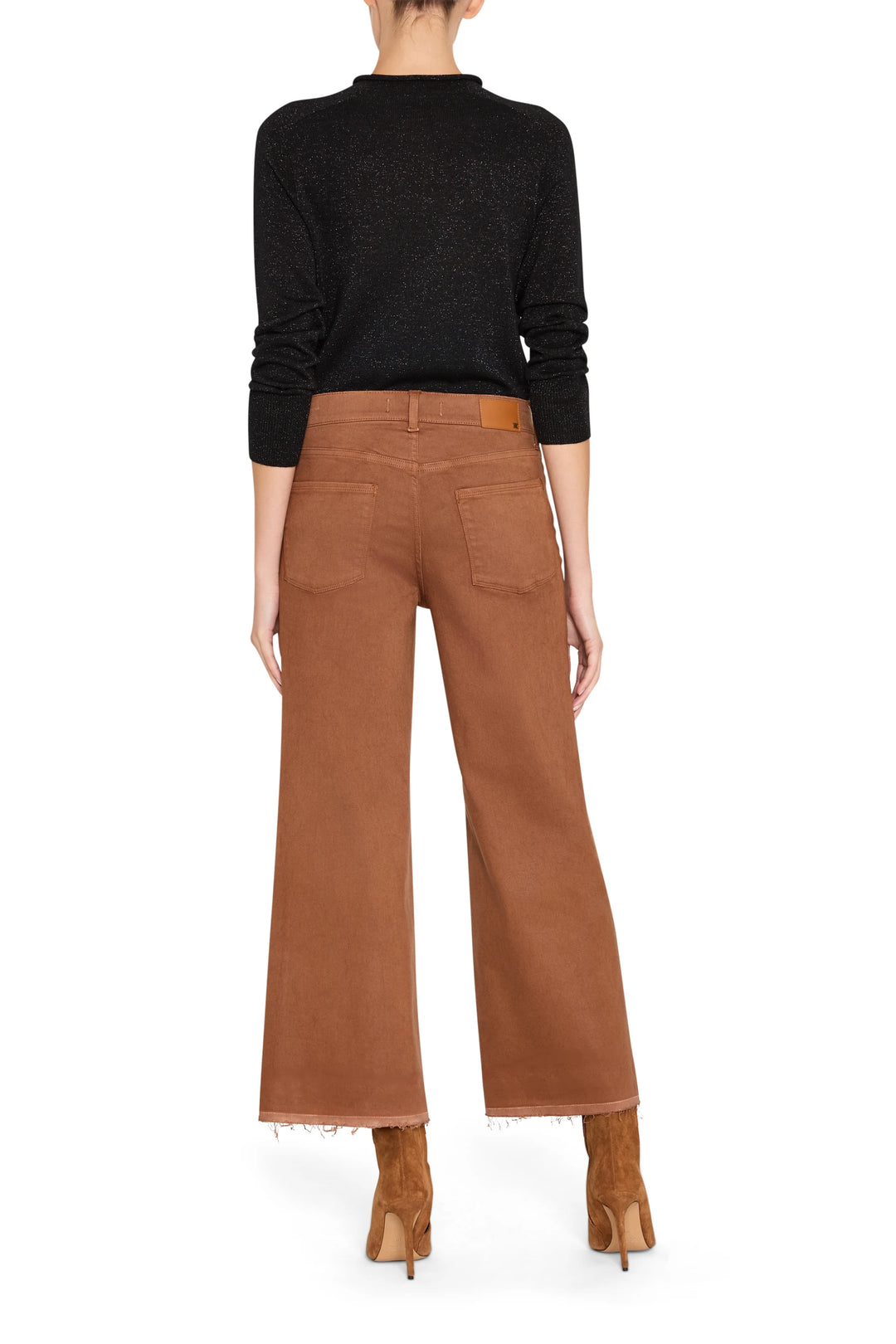 Cropped jean with coated finish, straight silhouette, classic pockets and hem, back view on model.
