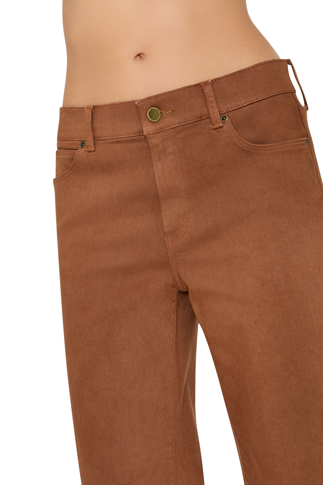 Button closure, belt loops, mid-rise waist; coated finish jean fabric. Detail view.