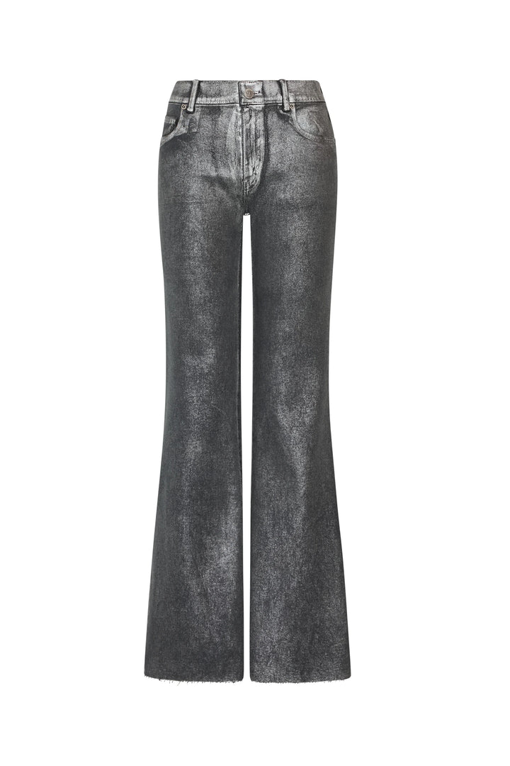 High-waisted, flared silhouette denim with washed effect, textured finish, raw hems; front view on white.
