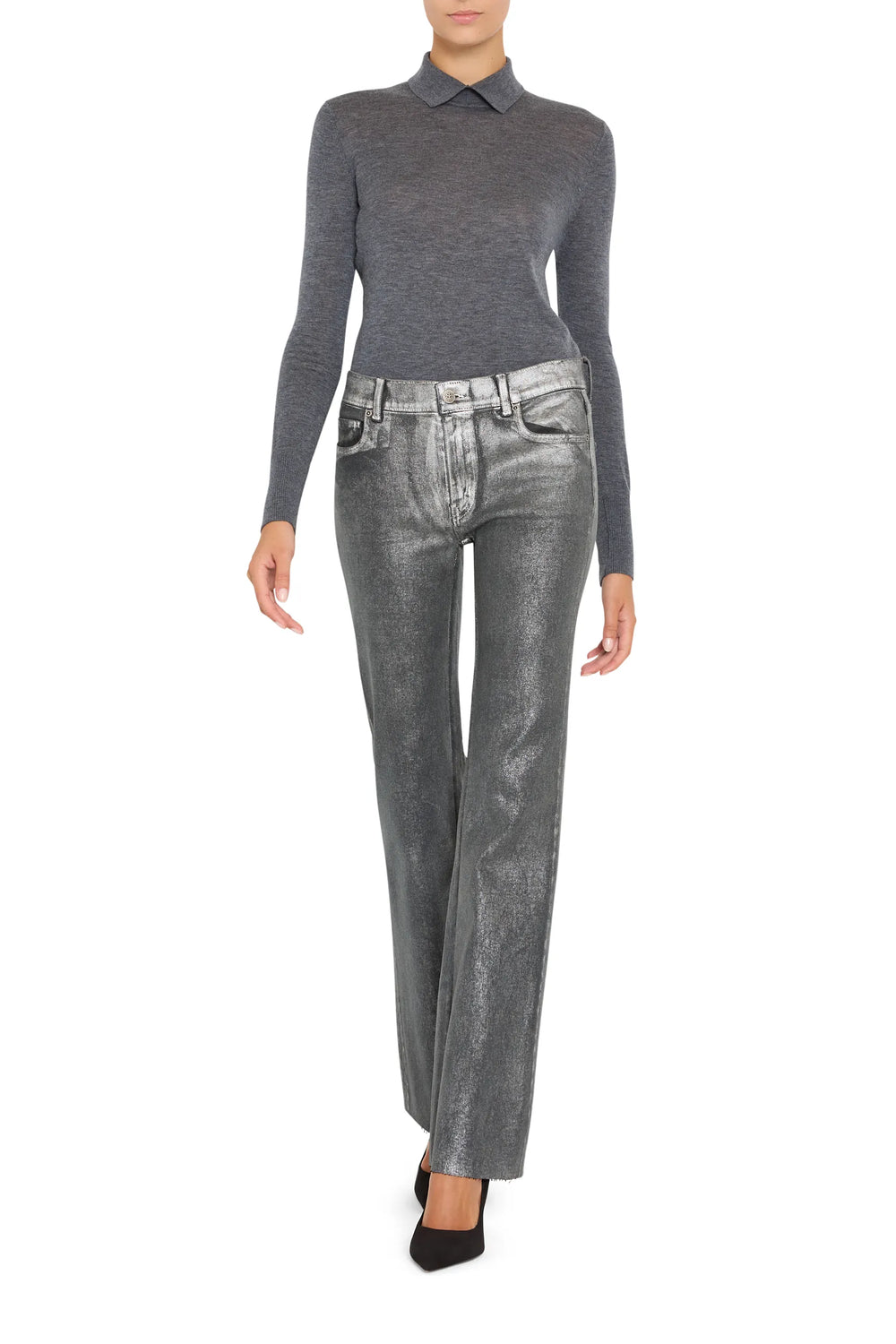 Slim coated jean with metallic finish, five-pocket construction, fitted through hip and thigh; front view on model.