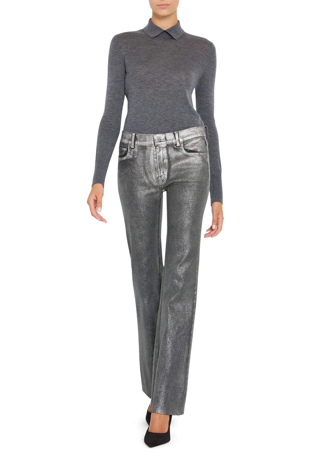 Slim coated jean with metallic finish, five-pocket construction, fitted through hip and thigh; front view on model.
