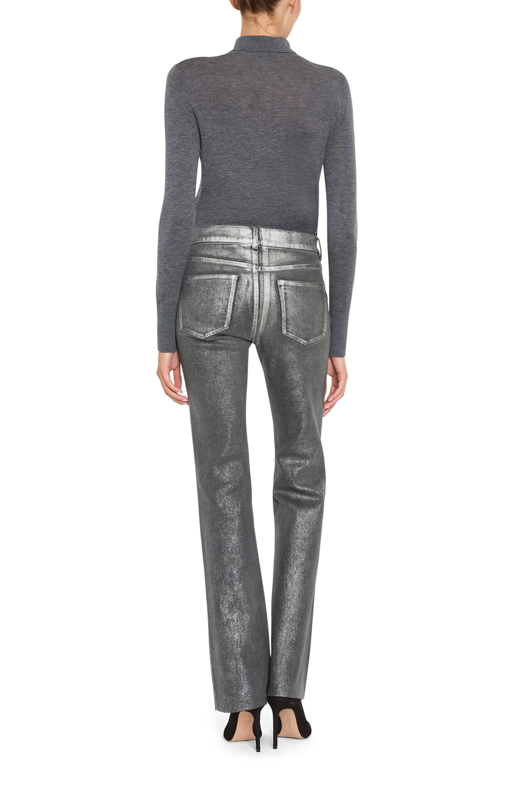 Wide-leg premium denim jeans with silver foil finish, classic five-pocket construction; back view on model.