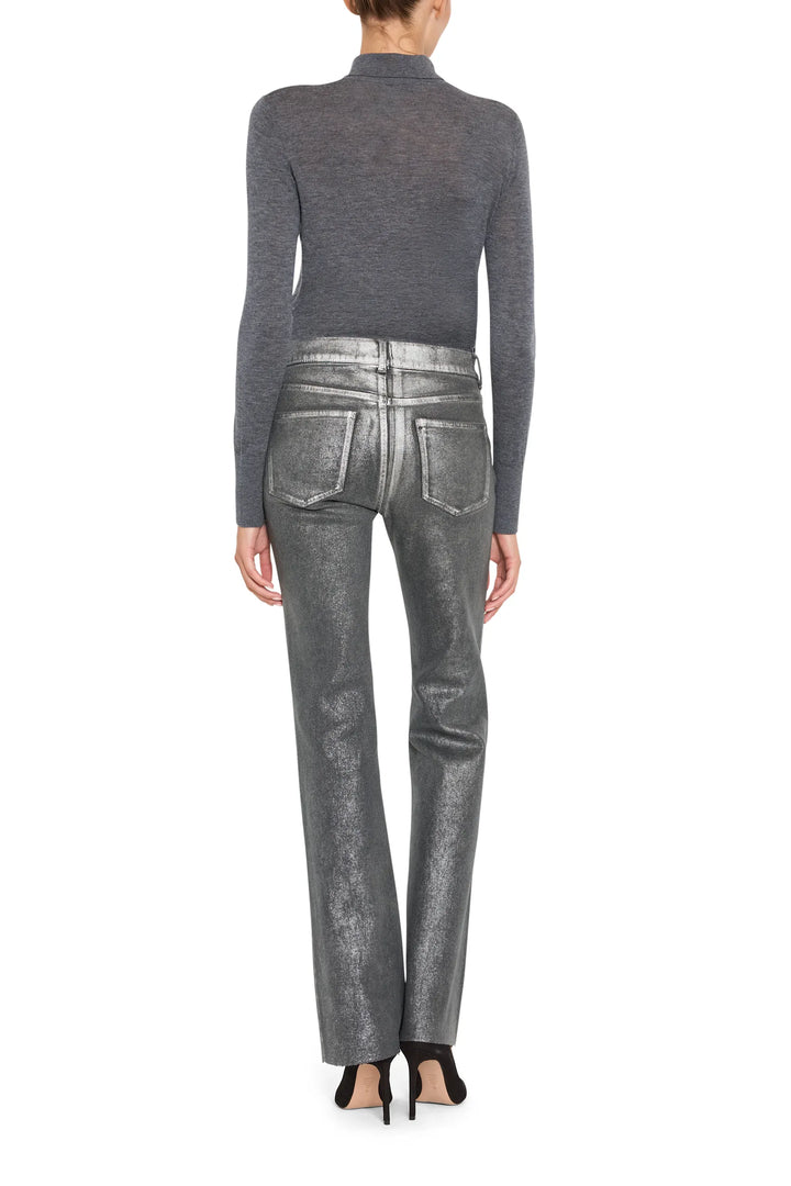 Wide-leg premium denim jeans with silver foil finish, classic five-pocket construction; back view on model.