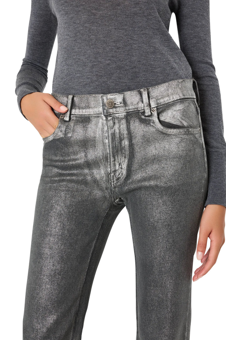 Premium denim wide-leg jean with silver foil finish, classic five-pocket design, front view on model.