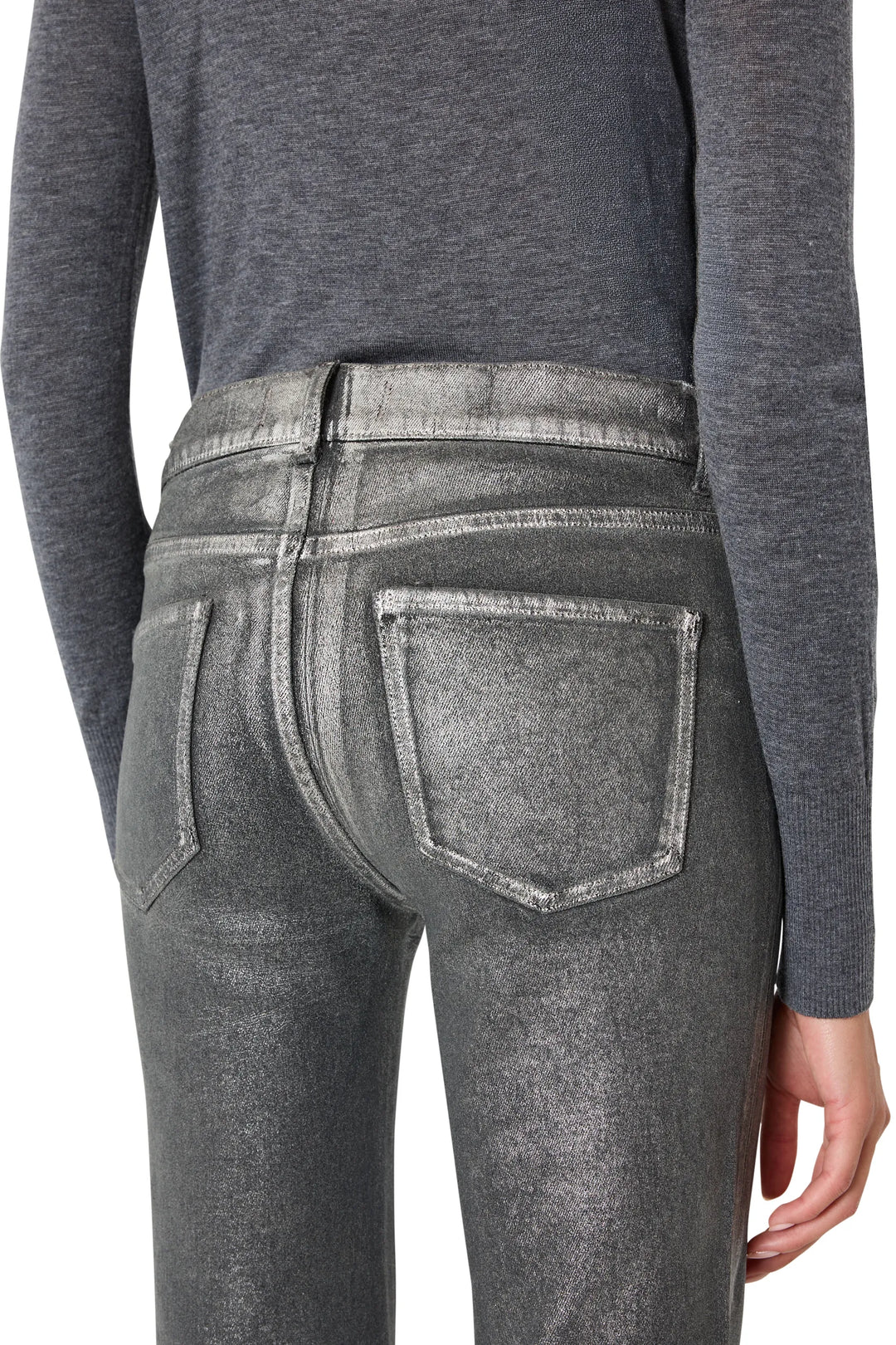 High-rise coated jean with straight leg and clean hem in silver foil, back view on model.