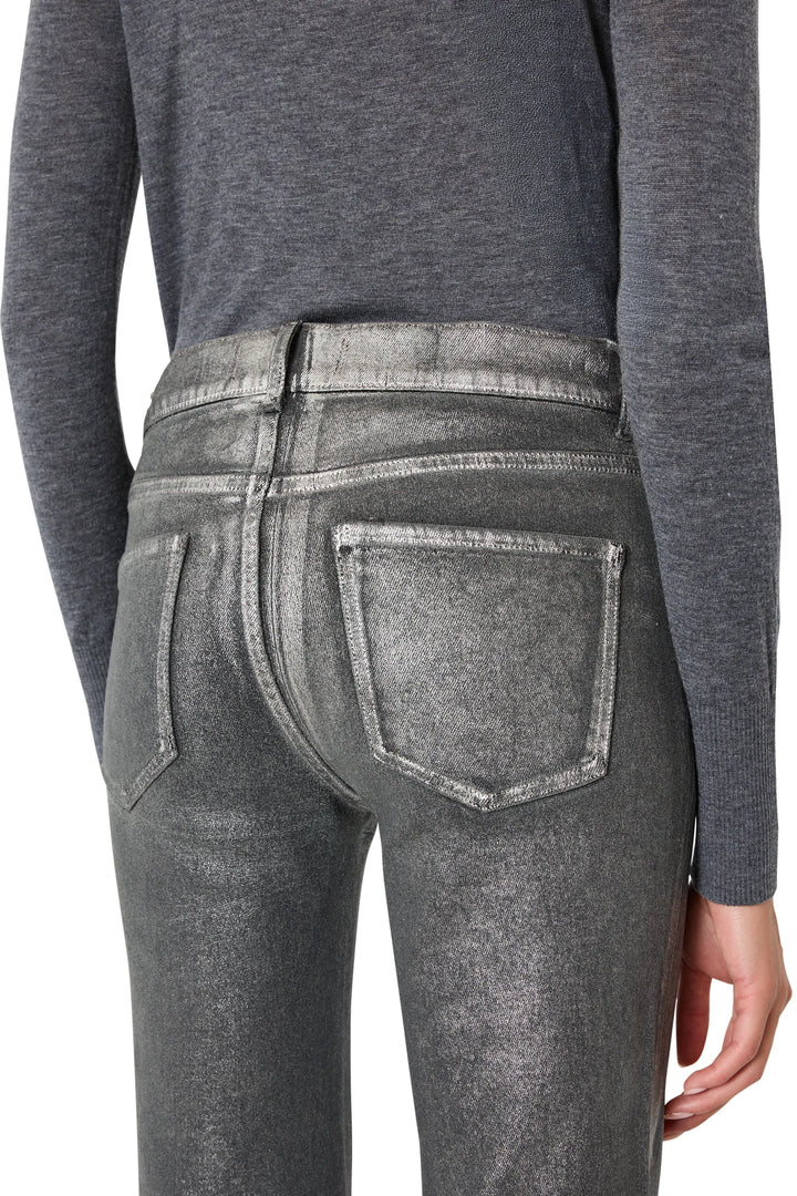 High-rise coated jean with straight leg and clean hem in silver foil, back view on model.