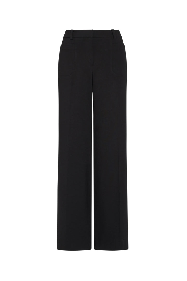 Wide-leg knit pant with belt loops, two back pockets, clean construction; front view on white.