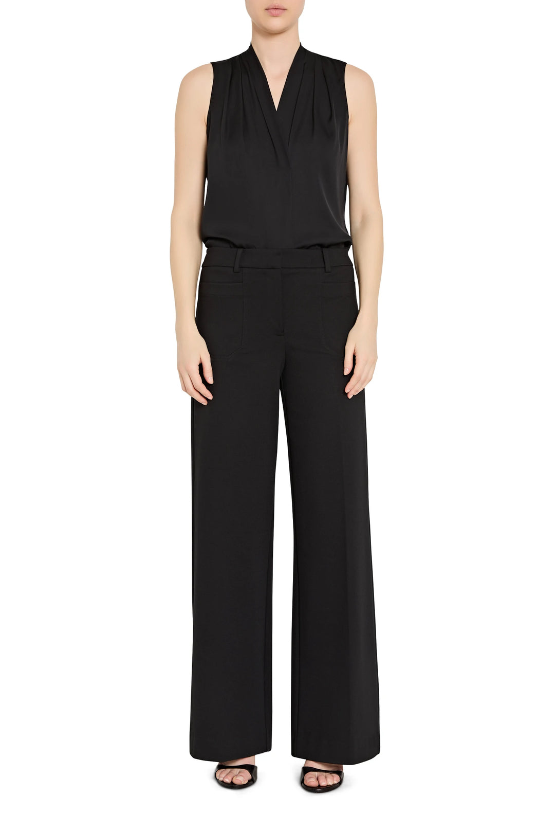 Wide-leg silhouette, structured seams, double knit fabric; front view on white.