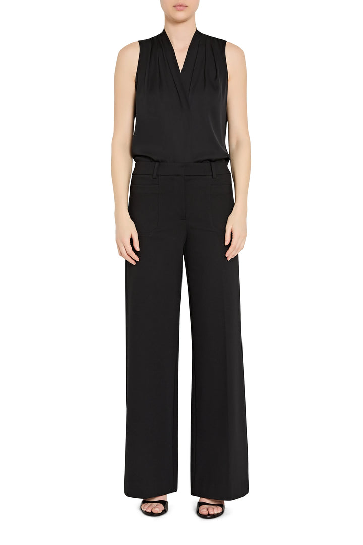 Wide-leg silhouette, structured seams, double knit fabric; front view on white.