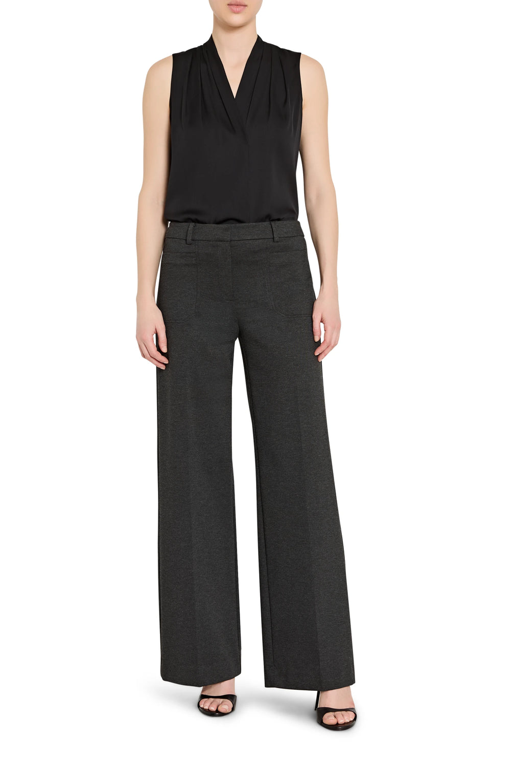 Wide-leg, double knit pant with tailored waistband and clean hem; smooth finish. Front view on white.