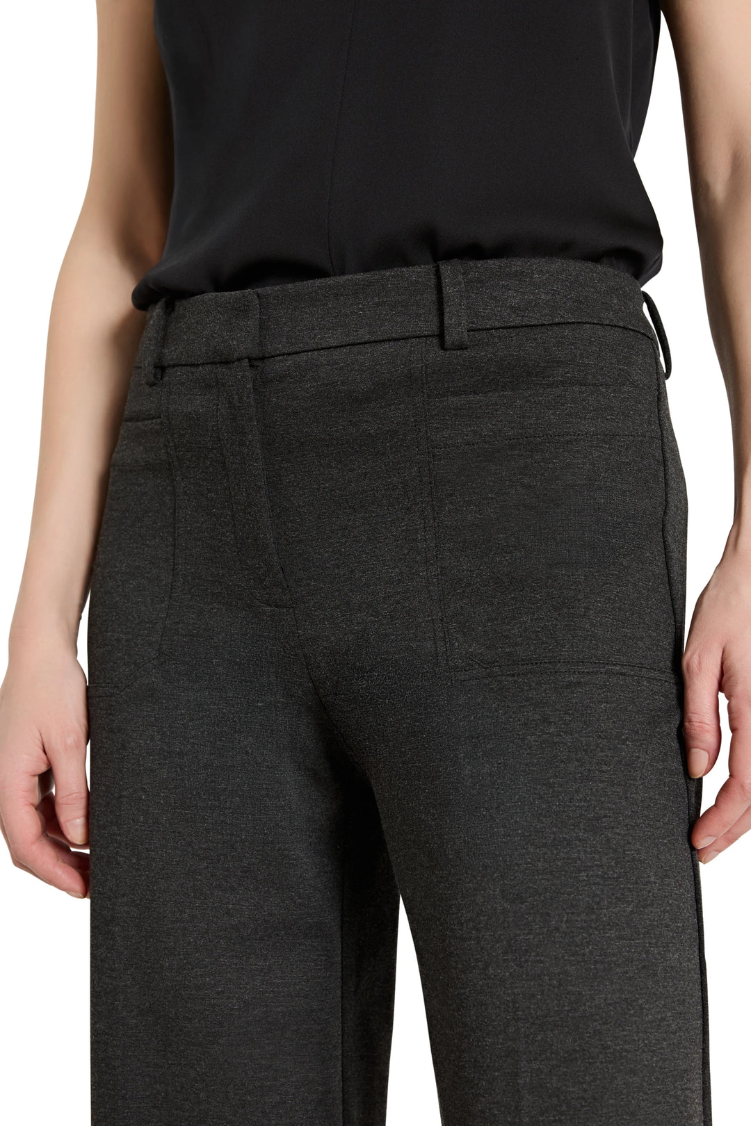 Wide-leg, double knit pant with tailored waistband and front seams; front view on model.