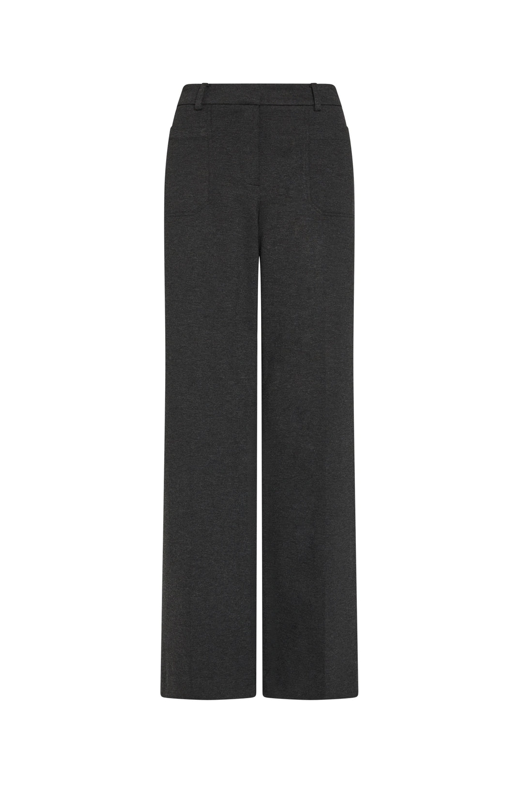 Black wide-leg tailored pant in double knit with front pockets and belt loops, structured silhouette, front view on white.