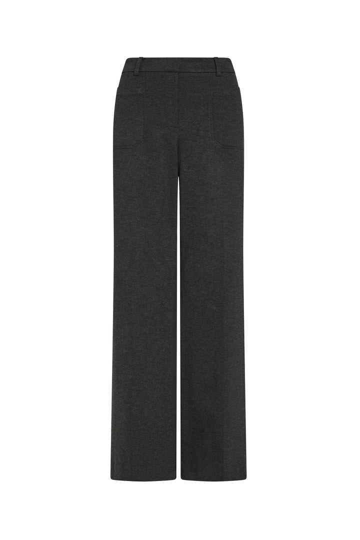 Black wide-leg tailored pant in double knit with front pockets and belt loops, structured silhouette, front view on white.
