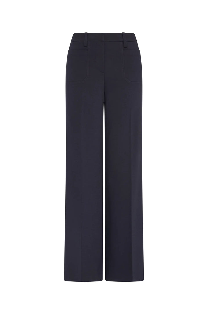 Wide-leg silhouette pant in double knit, belt loops, back pockets, structured seams; front view on white.