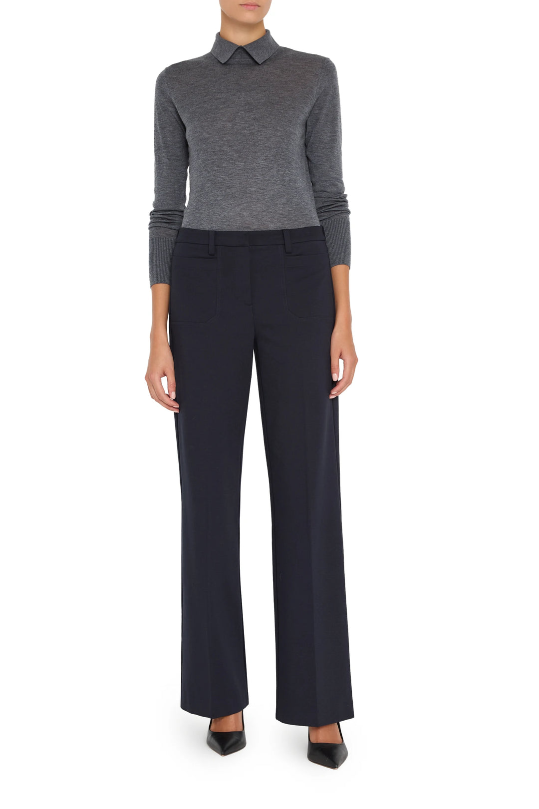 Wide-leg double knit pant with clean front, tailored seams, and structured waistband; front view on white.