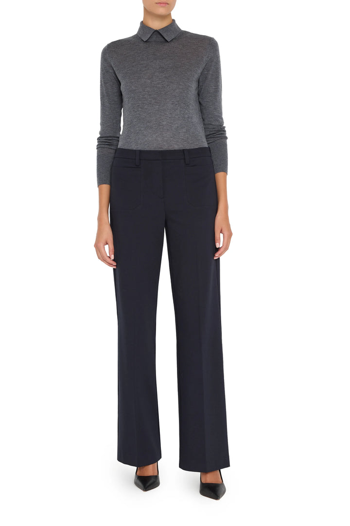 Wide-leg double knit pant with clean front, tailored seams, and structured waistband; front view on white.