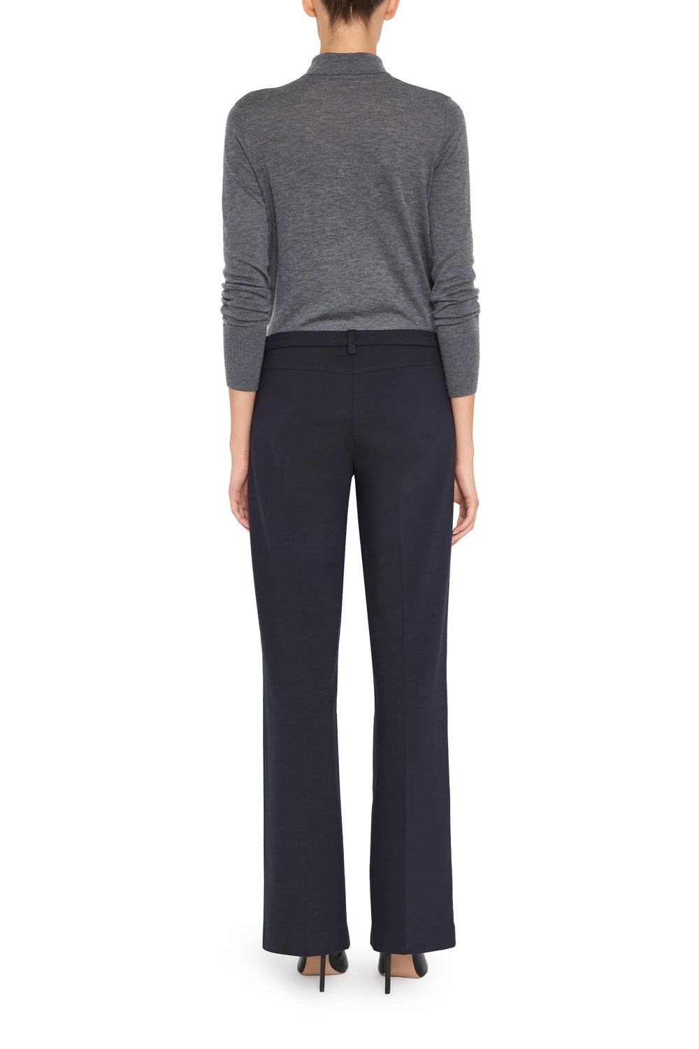 Wide-leg, double knit pant with tailored waistband and front seams, back view on model.