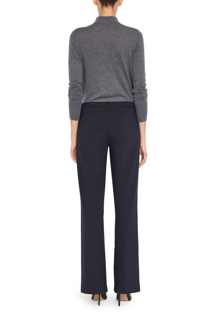 Wide-leg, double knit pant with tailored waistband and front seams, back view on model.