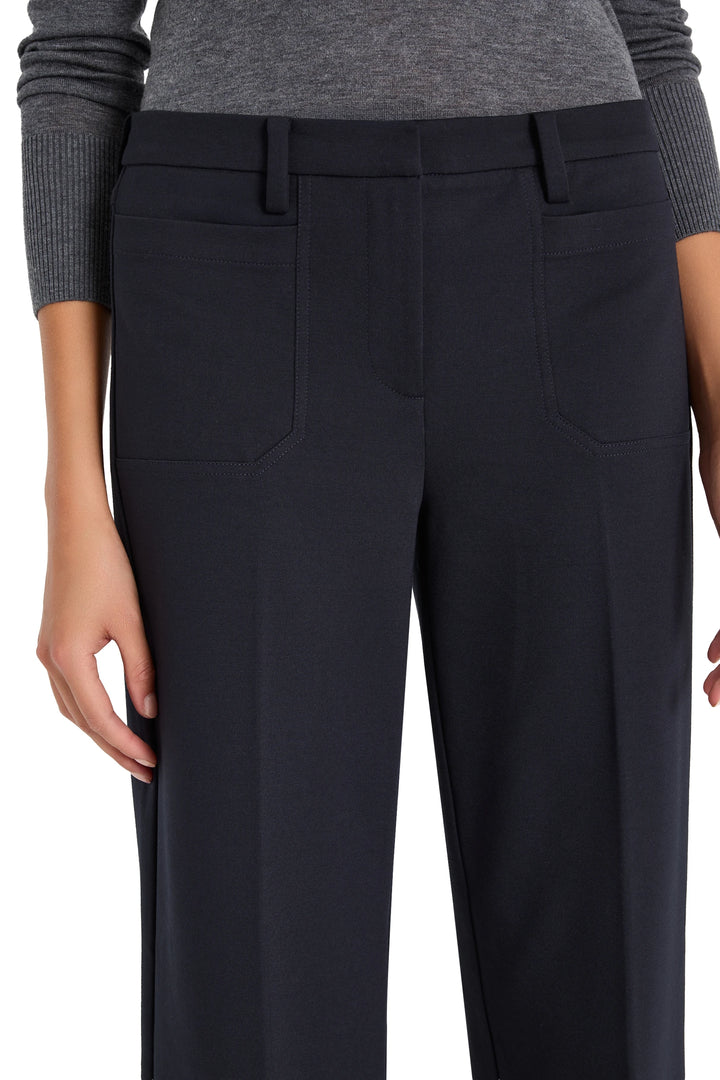 Wide-leg double knit pant with tailored waistband and full-length leg, front view on model.
