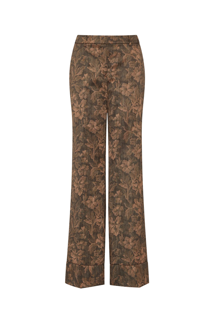 Melanie Jacquard Pant: floral jacquard wide-leg pants with cuffed hems, front view on white.
