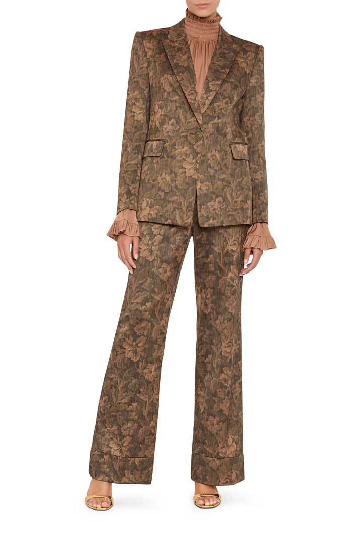 Melanie Jacquard Pant in wide-leg floral jacquard, front view on model.
