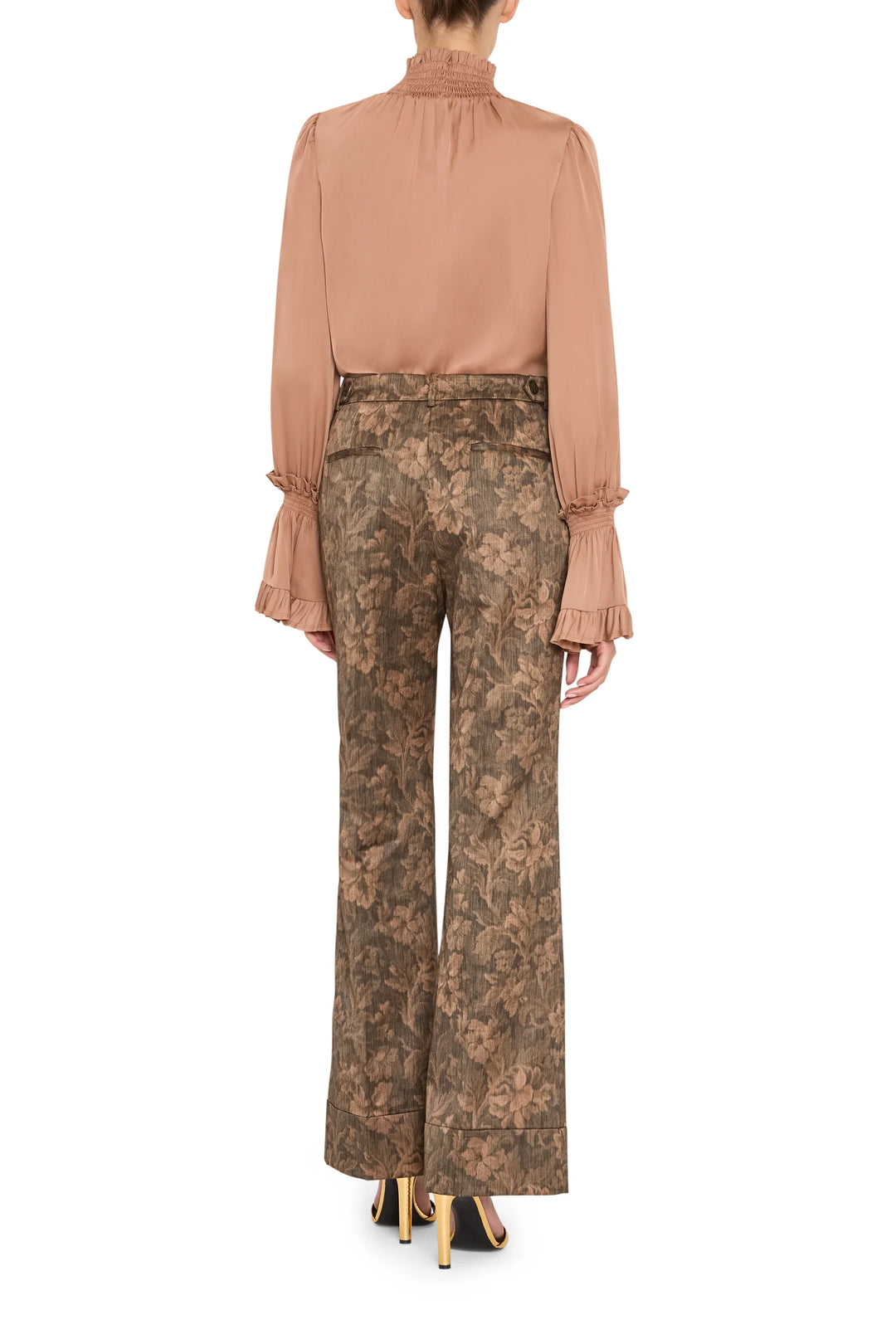 Melanie Jacquard Pant: floral wide-leg trousers with a belted waistband, back view on model.