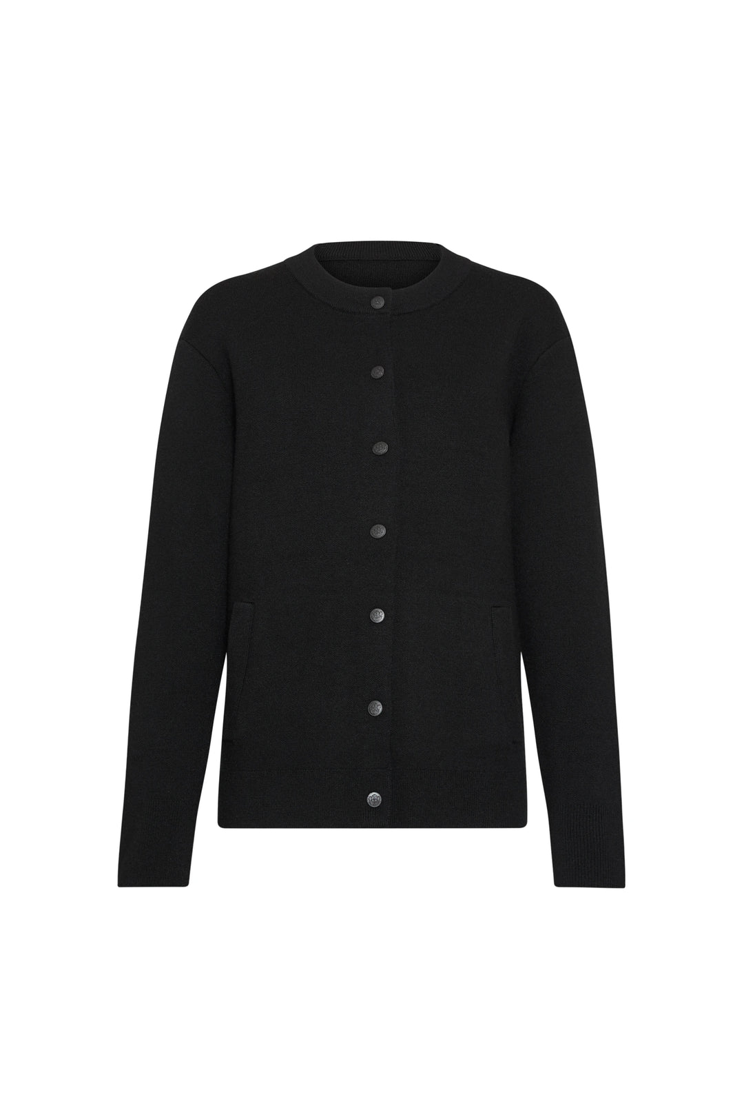 Black knit cardigan with long sleeves, button front, two pockets; ribbed trim. Front view on white.