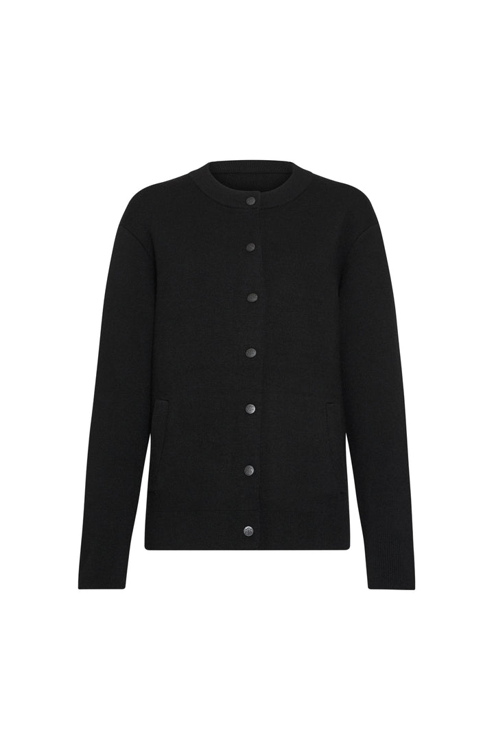 Black knit cardigan with long sleeves, button front, two pockets; ribbed trim. Front view on white.