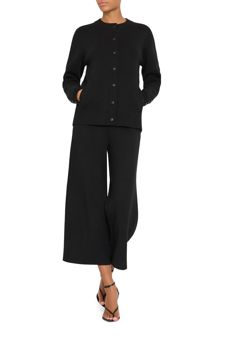 Relaxed-fit Marlowe Knit Cardigan with ribbed hem and button front, soft knit fabric, front view on model.
