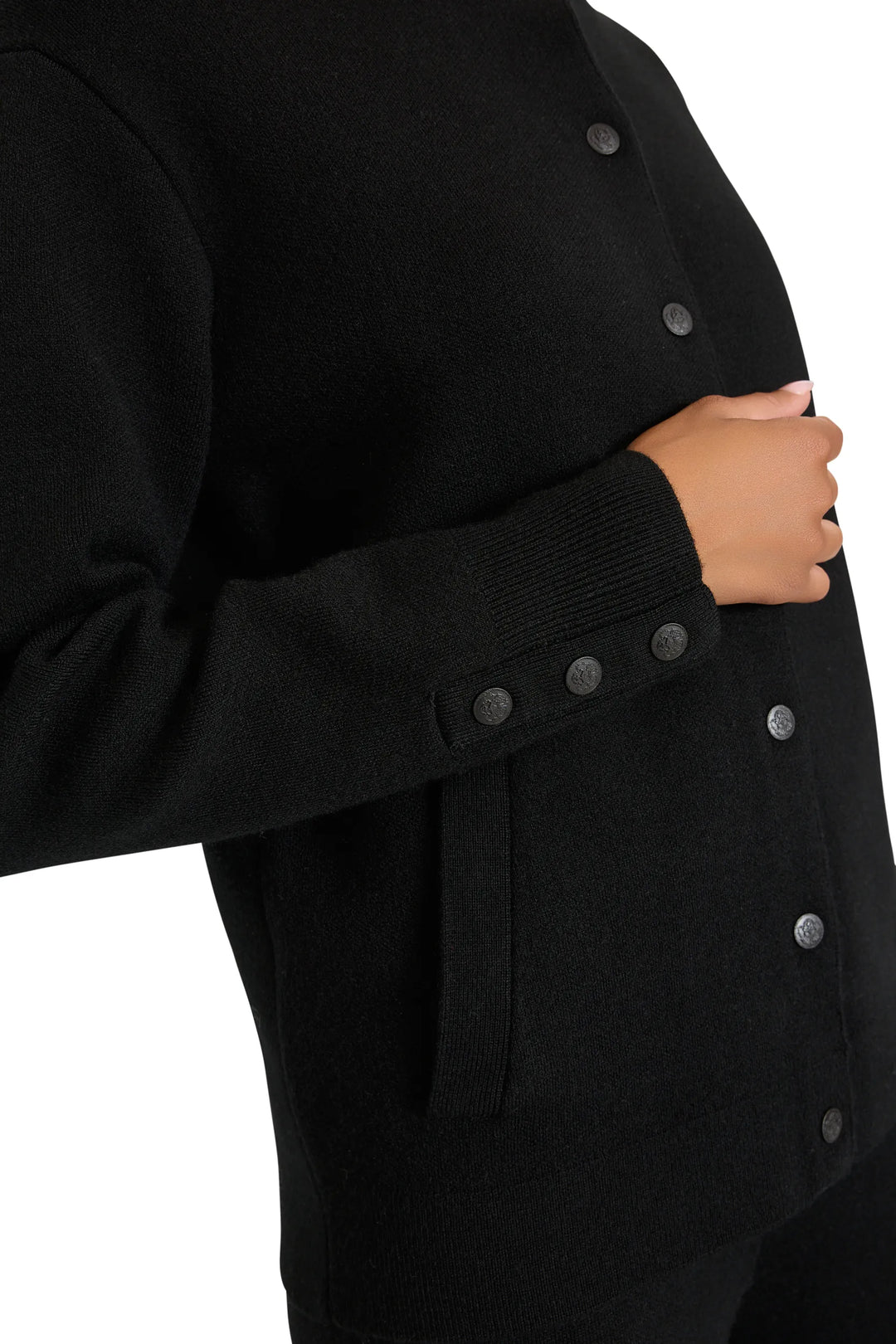 Relaxed-fit knit cardigan with ribbed cuffs and hem, button front closure; front view on white.