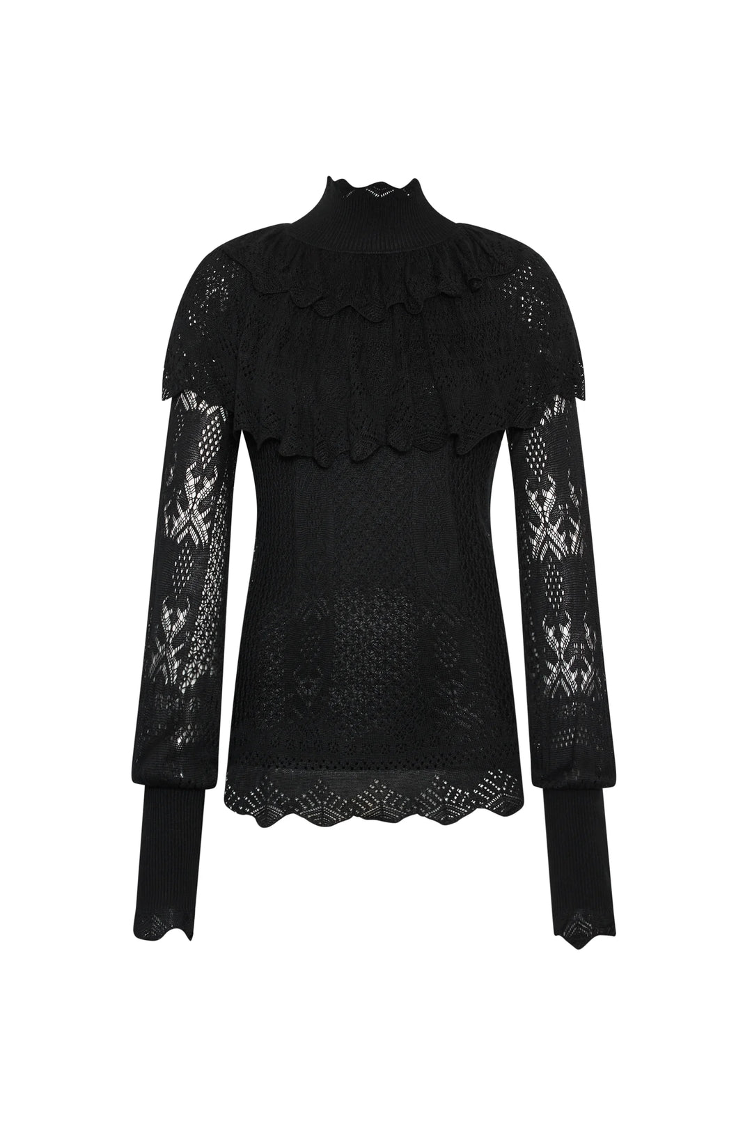 Justina Ruffle Sweater in black: long-sleeve knit with ruffled mock neck and open-knit patterns, front view on white.