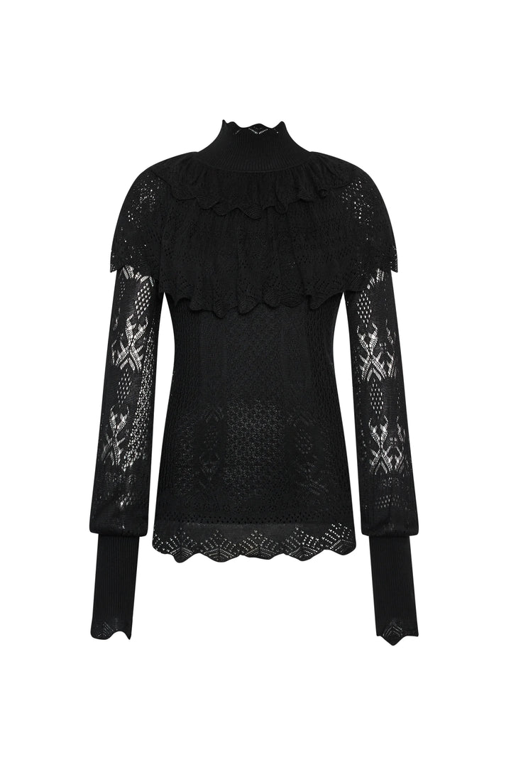 Justina Ruffle Sweater in black: long-sleeve knit with ruffled mock neck and open-knit patterns, front view on white.