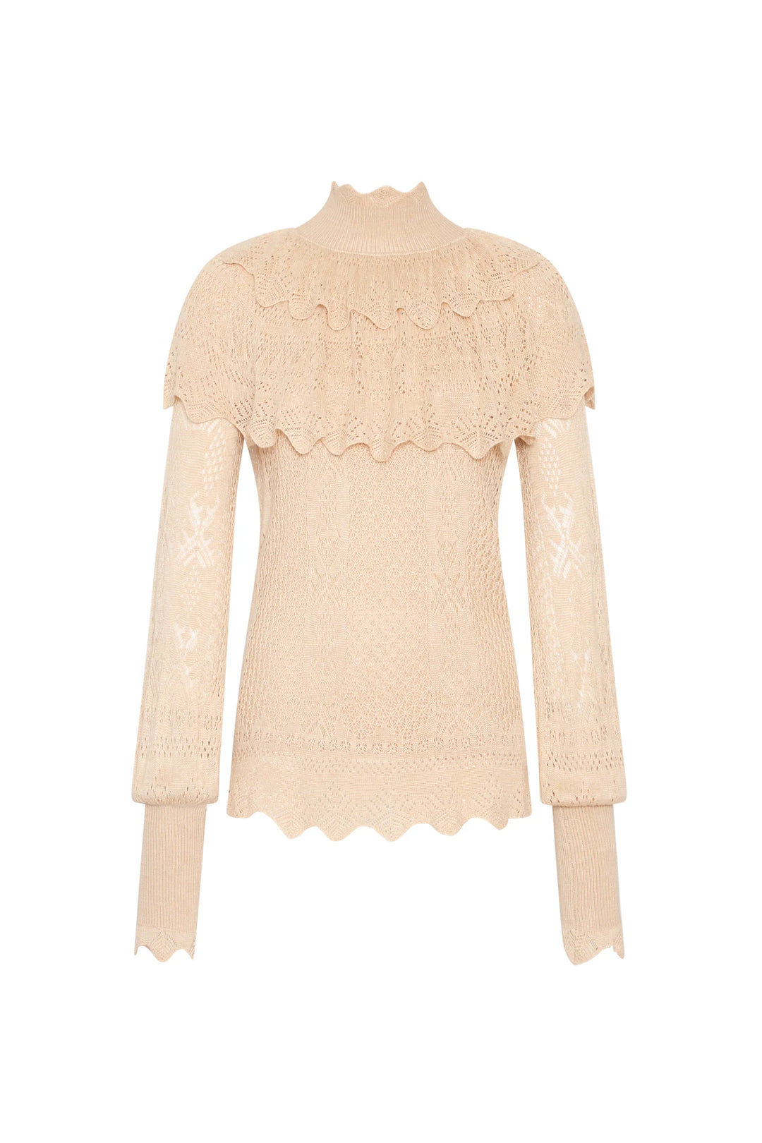 Justina Ruffle Sweater: pointelle knit Victorian blouse, high mock neck, ruffled shoulder yoke, long sleeves. Front view.