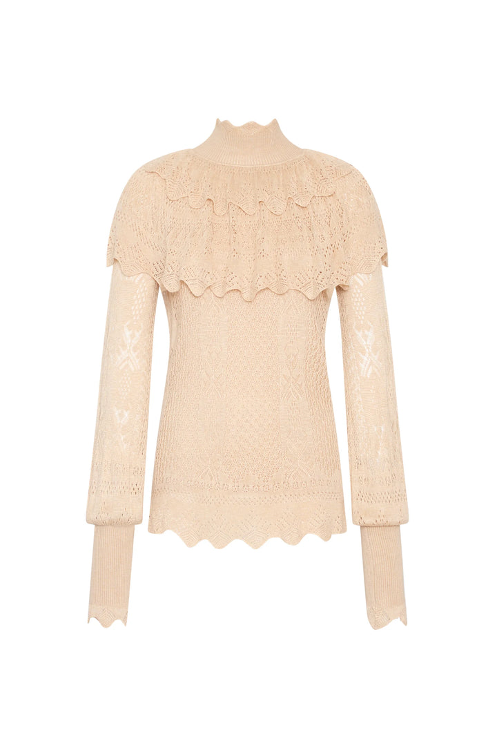 Justina Ruffle Sweater: pointelle knit Victorian blouse, high mock neck, ruffled shoulder yoke, long sleeves. Front view.