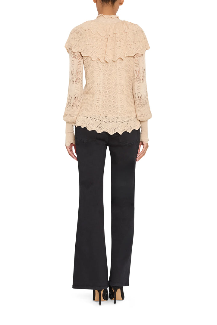 Justina Ruffle Sweater with a ruffled collar and lace-inspired pointelle sleeves, back view.