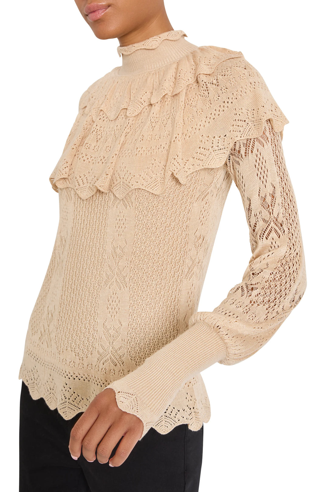 Justina Ruffle Sweater with mock neck, Victorian-style openwork, ruffled yoke, and ribbed cuffs, front view on model.
