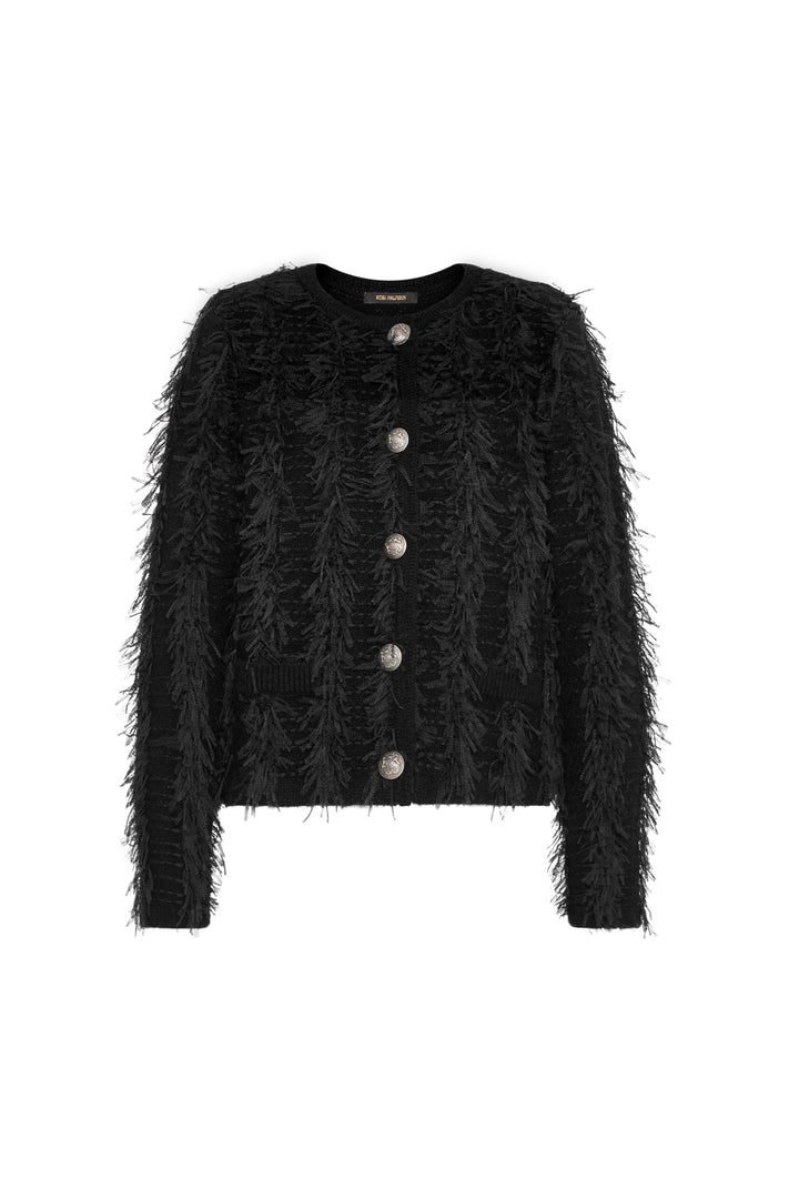 Tweed-jacket style cardigan, black knit with silver buttons and fringe trim, tailored silhouette; front view on white.