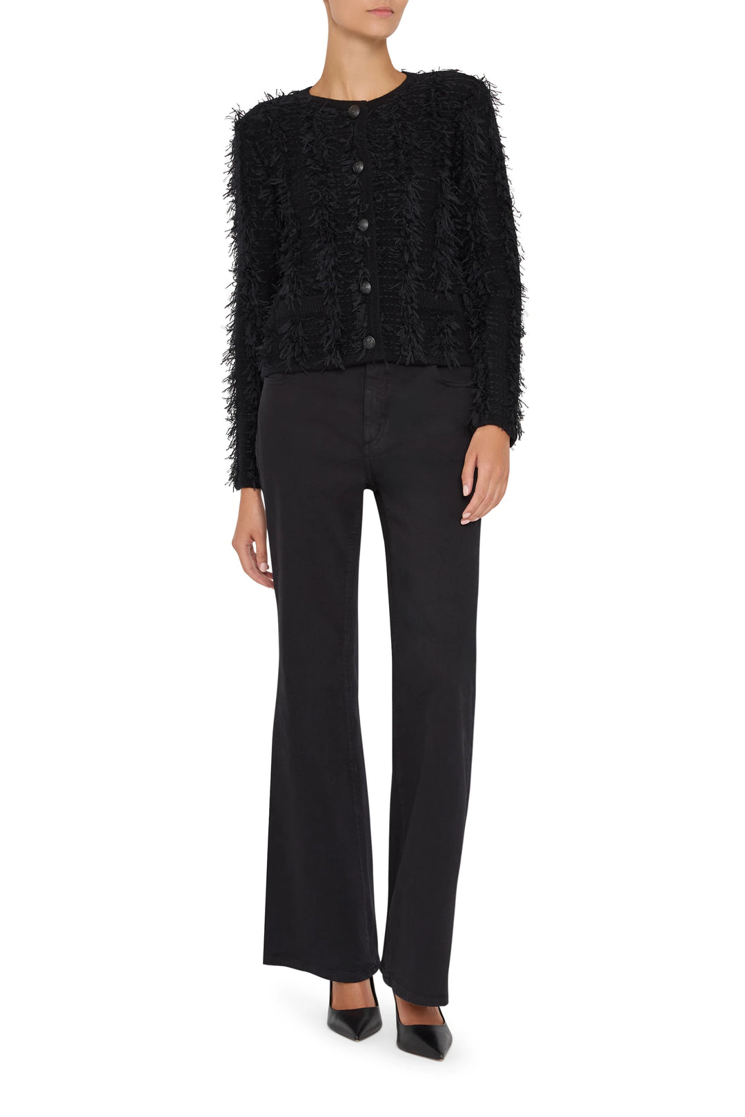 Fringe-trimmed open-front cardigan with relaxed silhouette and soft knit fabric, front view on white.